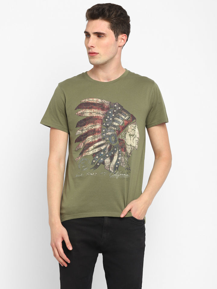 Printed Round Neck T-Shirt for Men - Olive