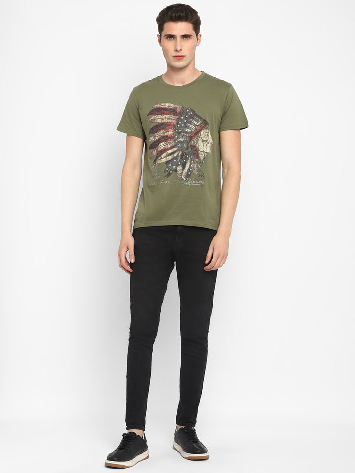 Printed Round Neck T-Shirt for Men - Olive