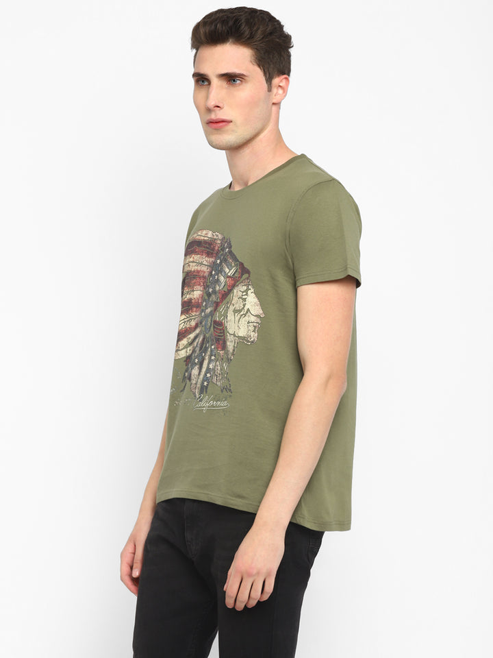 Printed Round Neck T-Shirt for Men - Olive