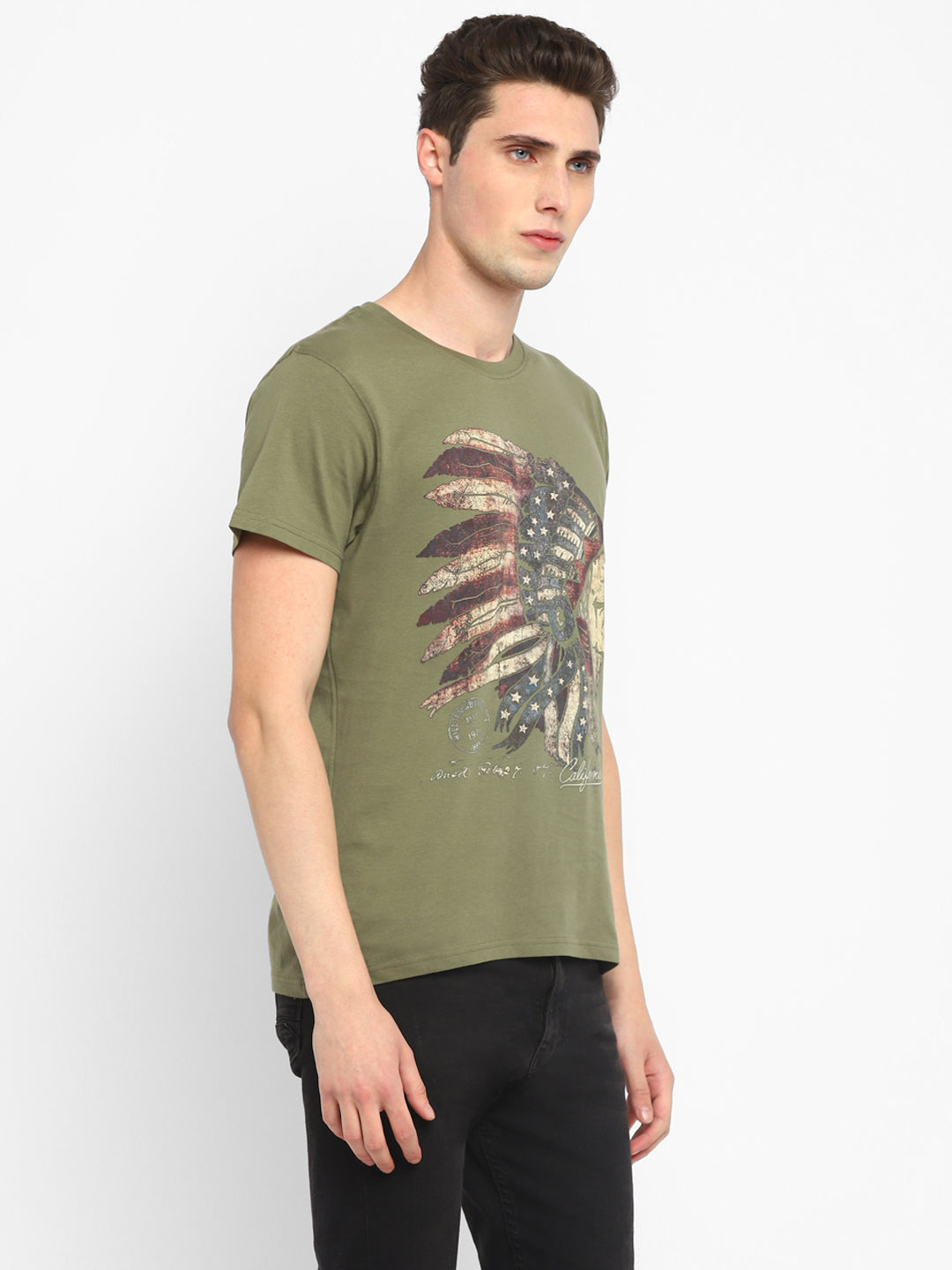 Printed Round Neck T-Shirt for Men - Olive