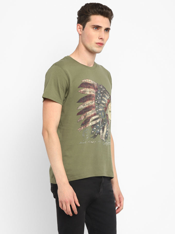 Printed Round Neck T-Shirt for Men - Olive