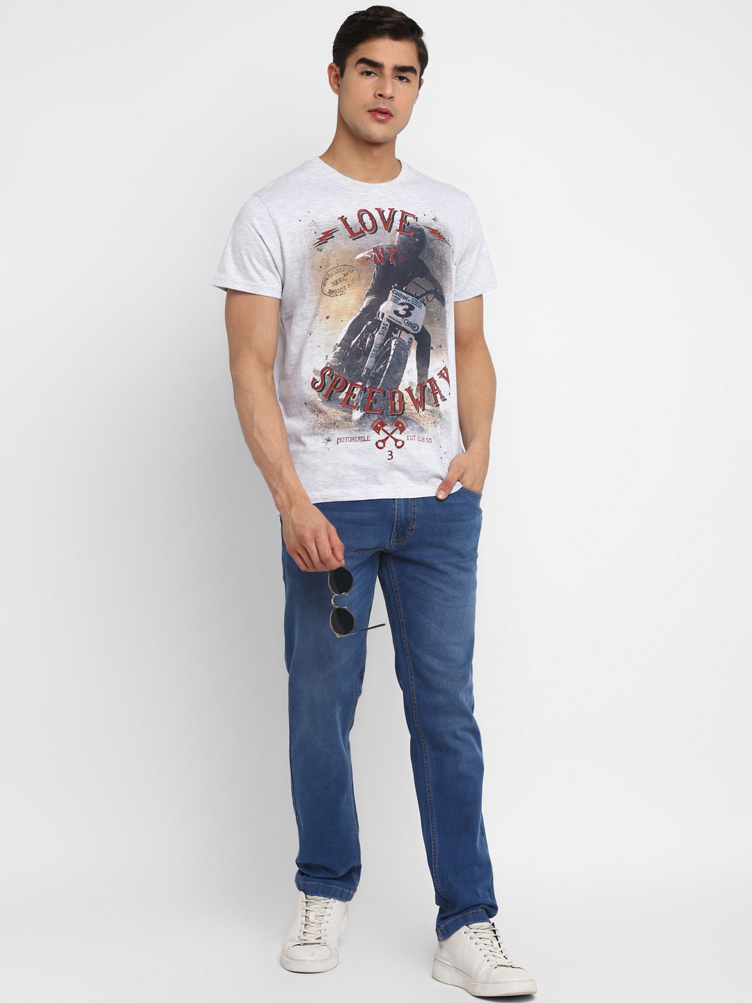 Printed Round Neck T-Shirt for Men - Ecru Melange
