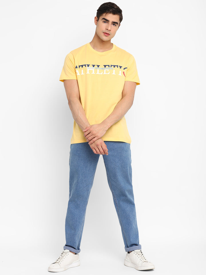 100% Cotton Printed Round Neck T-Shirt for Men - Light Yellow