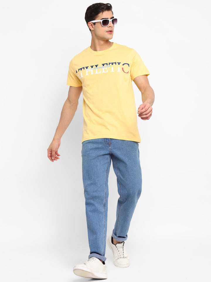 100% Cotton Printed Round Neck T-Shirt for Men - Light Yellow