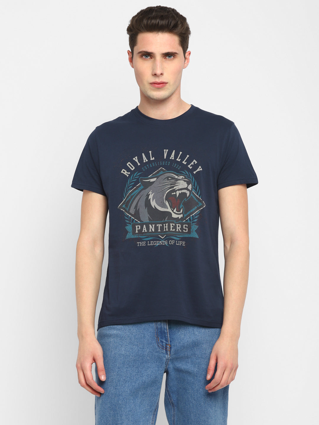 100% Cotton Printed Round Neck T-Shirt for Men - Navy