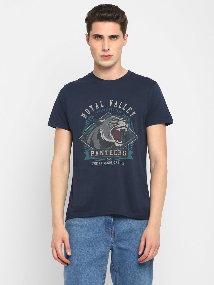 100% Cotton Printed Round Neck T-Shirt for Men - Navy