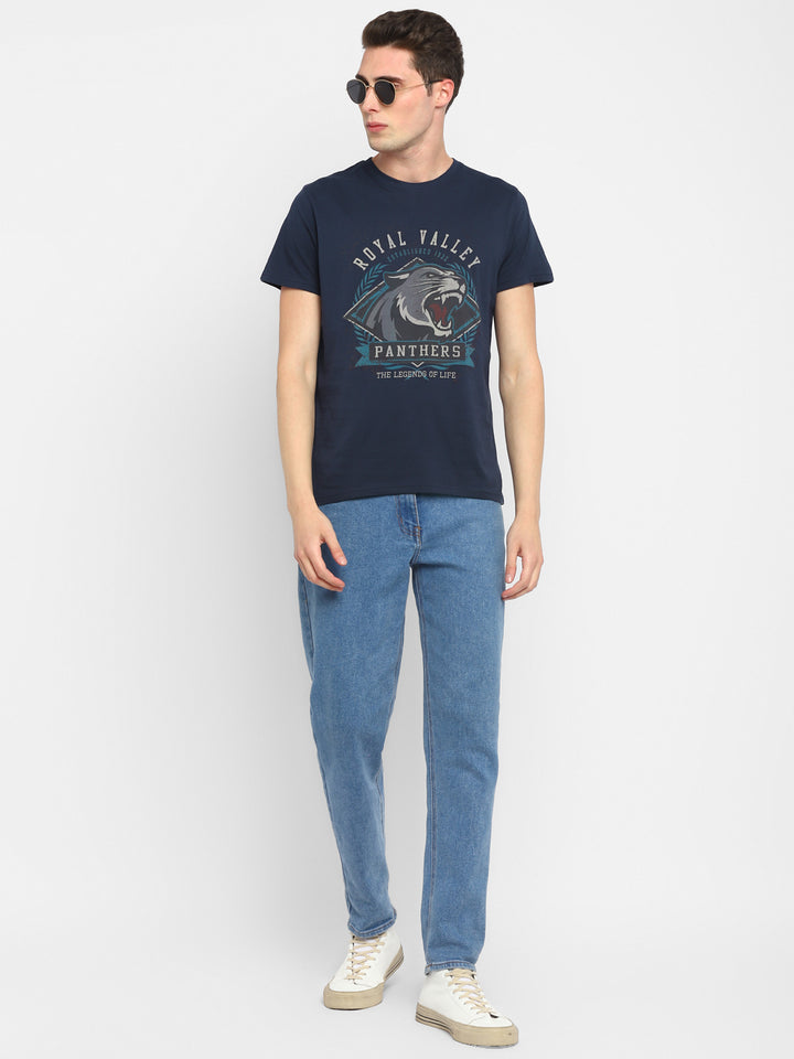 100% Cotton Printed Round Neck T-Shirt for Men - Navy
