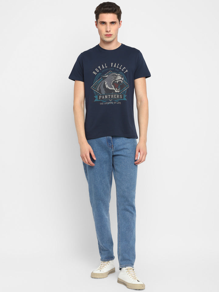 100% Cotton Printed Round Neck T-Shirt for Men - Navy