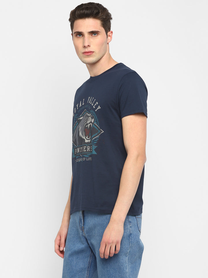 100% Cotton Printed Round Neck T-Shirt for Men - Navy