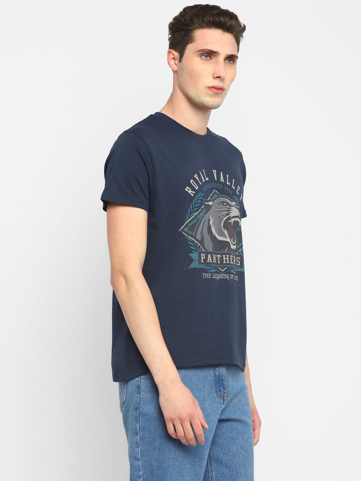 100% Cotton Printed Round Neck T-Shirt for Men - Navy