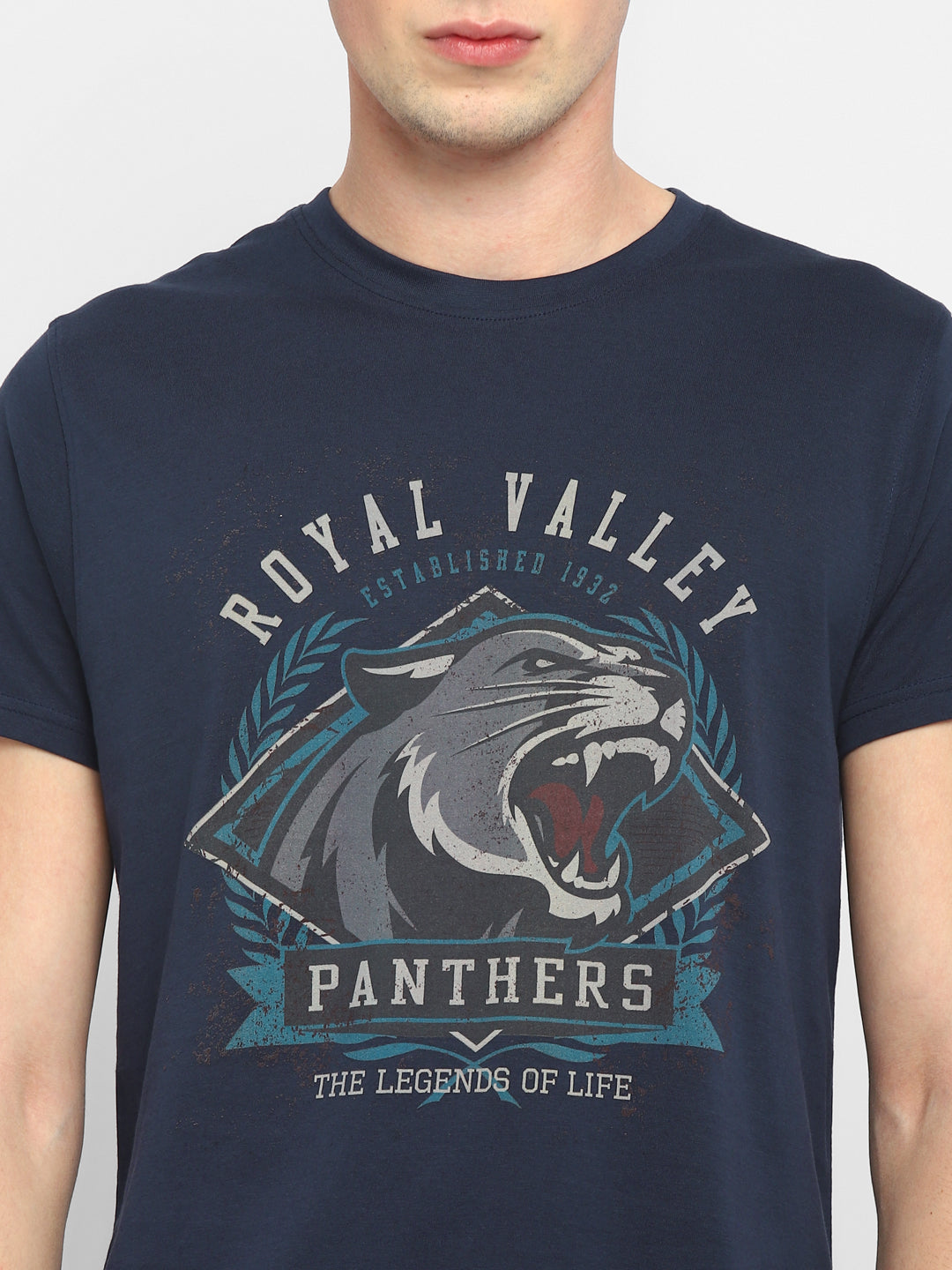 100% Cotton Printed Round Neck T-Shirt for Men - Navy
