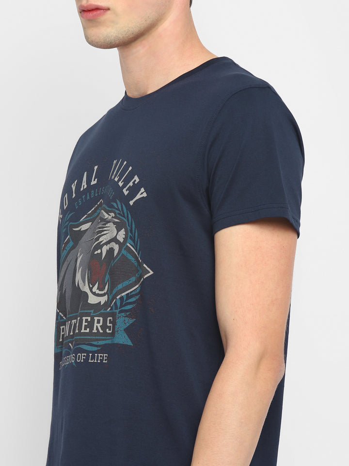 100% Cotton Printed Round Neck T-Shirt for Men - Navy