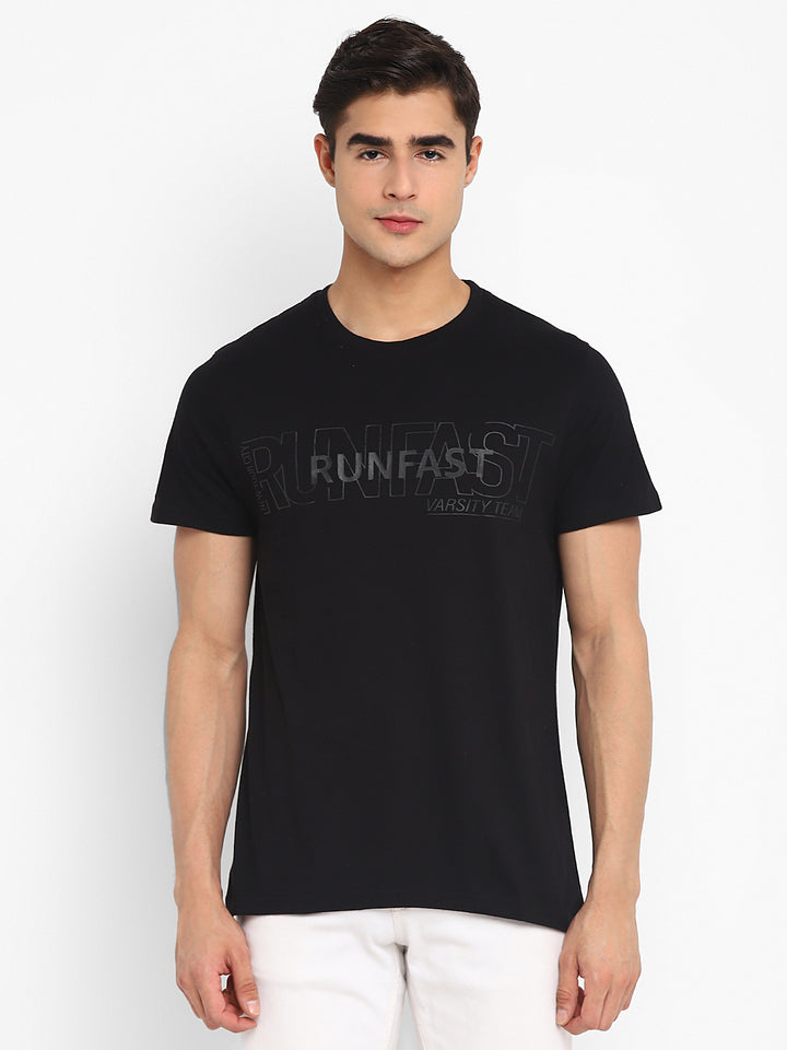 100% Cotton Printed Round Neck T-Shirt for Men - Black
