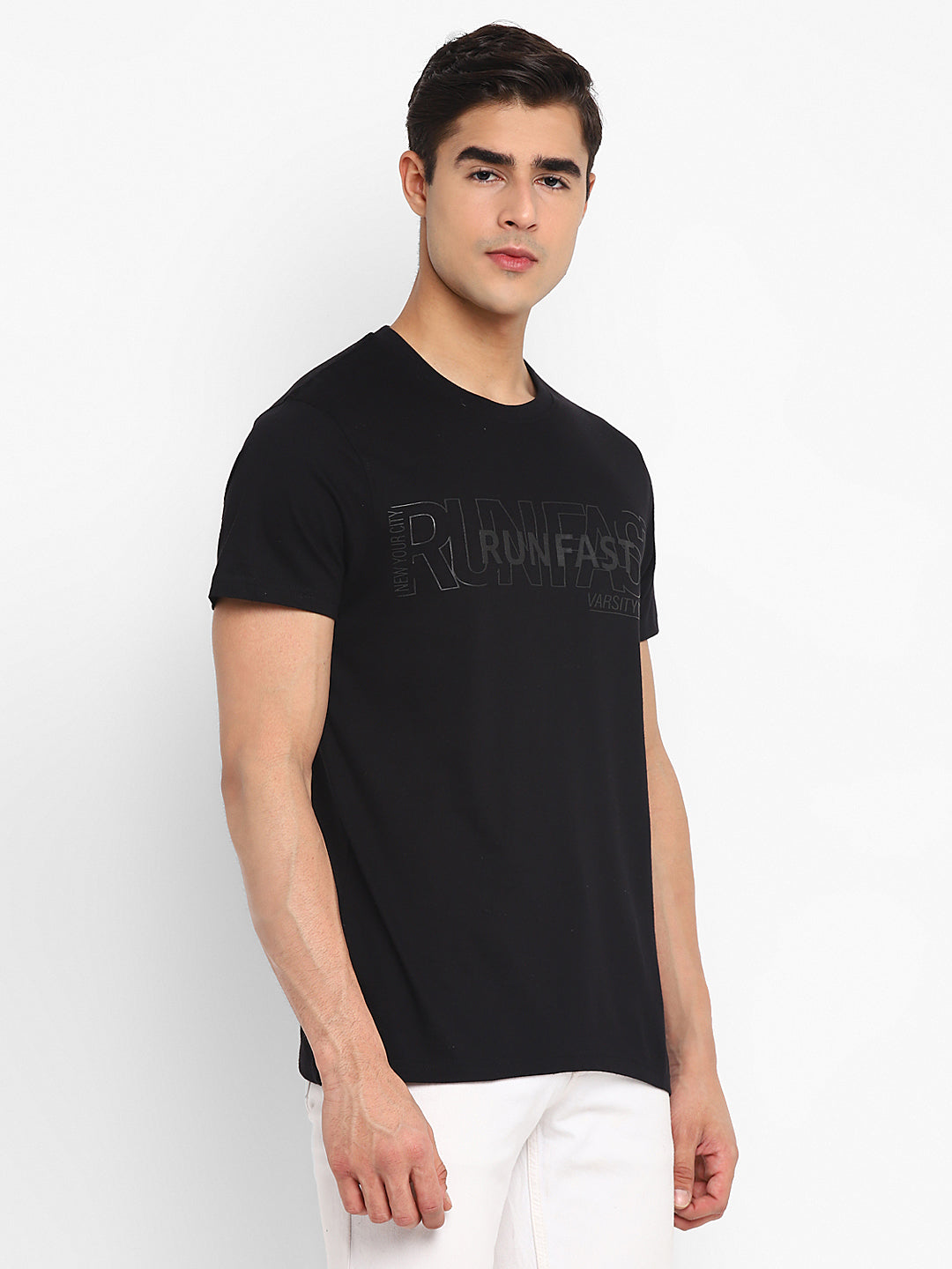 100% Cotton Printed Round Neck T-Shirt for Men - Black