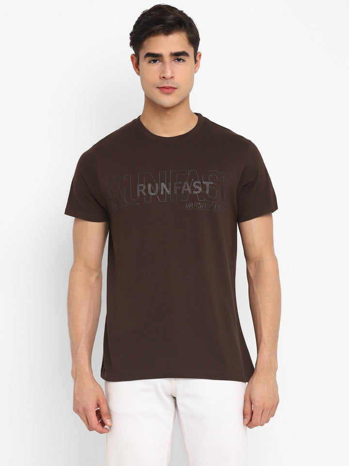 100% Cotton Printed Round Neck T-Shirt for Men - Coffee Brown
