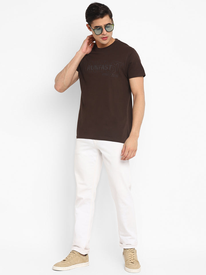 100% Cotton Printed Round Neck T-Shirt for Men - Coffee Brown