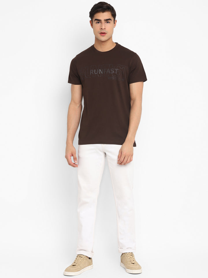 100% Cotton Printed Round Neck T-Shirt for Men - Coffee Brown