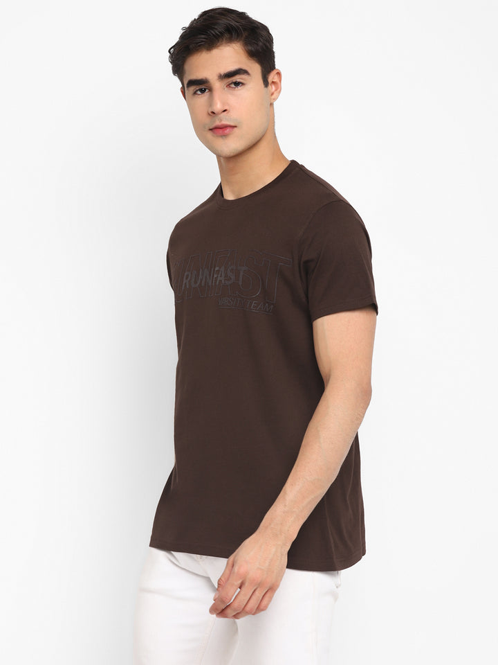 100% Cotton Printed Round Neck T-Shirt for Men - Coffee Brown