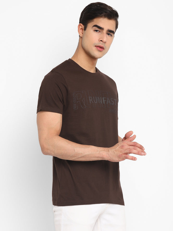100% Cotton Printed Round Neck T-Shirt for Men - Coffee Brown