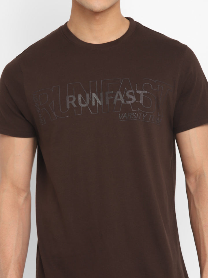 100% Cotton Printed Round Neck T-Shirt for Men - Coffee Brown