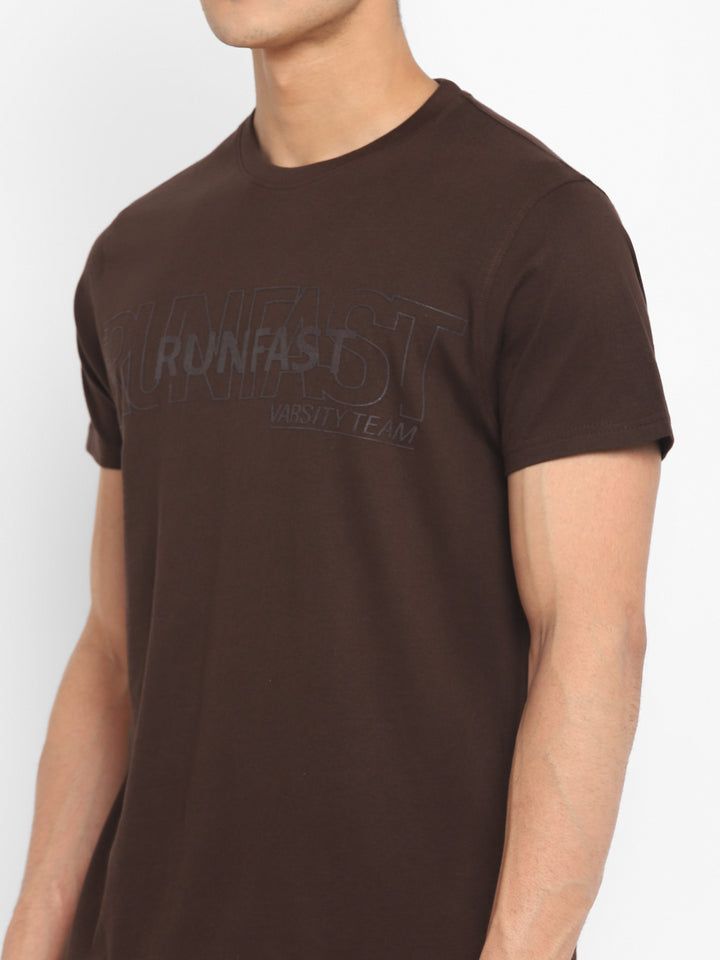100% Cotton Printed Round Neck T-Shirt for Men - Coffee Brown