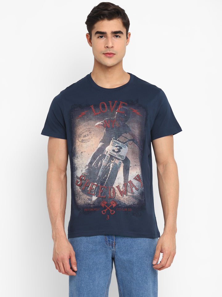 100% Cotton Printed Round Neck T-Shirt for Men - Navy