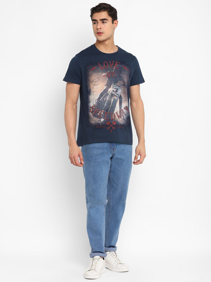 100% Cotton Printed Round Neck T-Shirt for Men - Navy