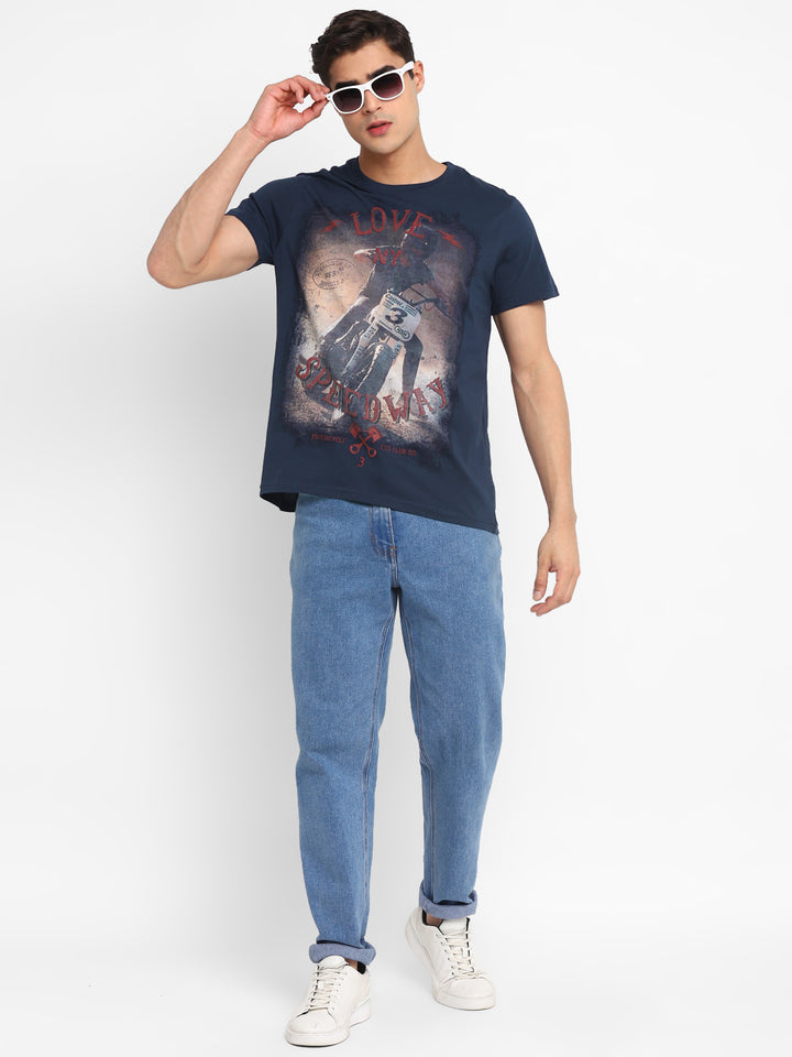 100% Cotton Printed Round Neck T-Shirt for Men - Navy