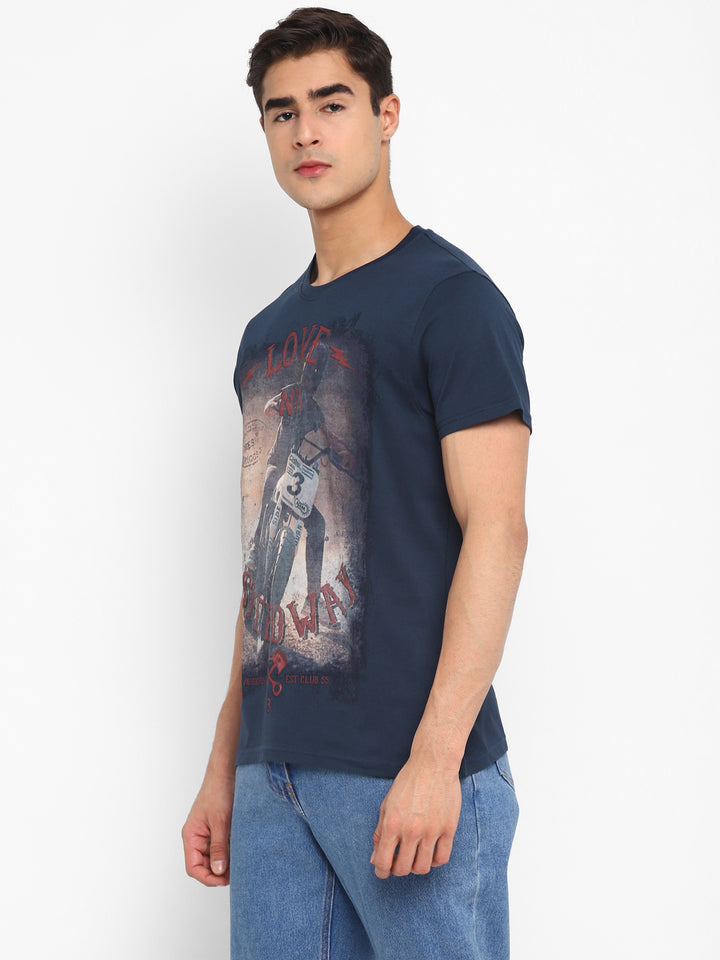 100% Cotton Printed Round Neck T-Shirt for Men - Navy