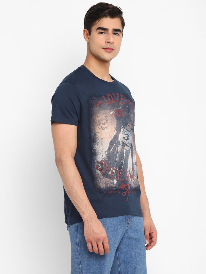 100% Cotton Printed Round Neck T-Shirt for Men - Navy