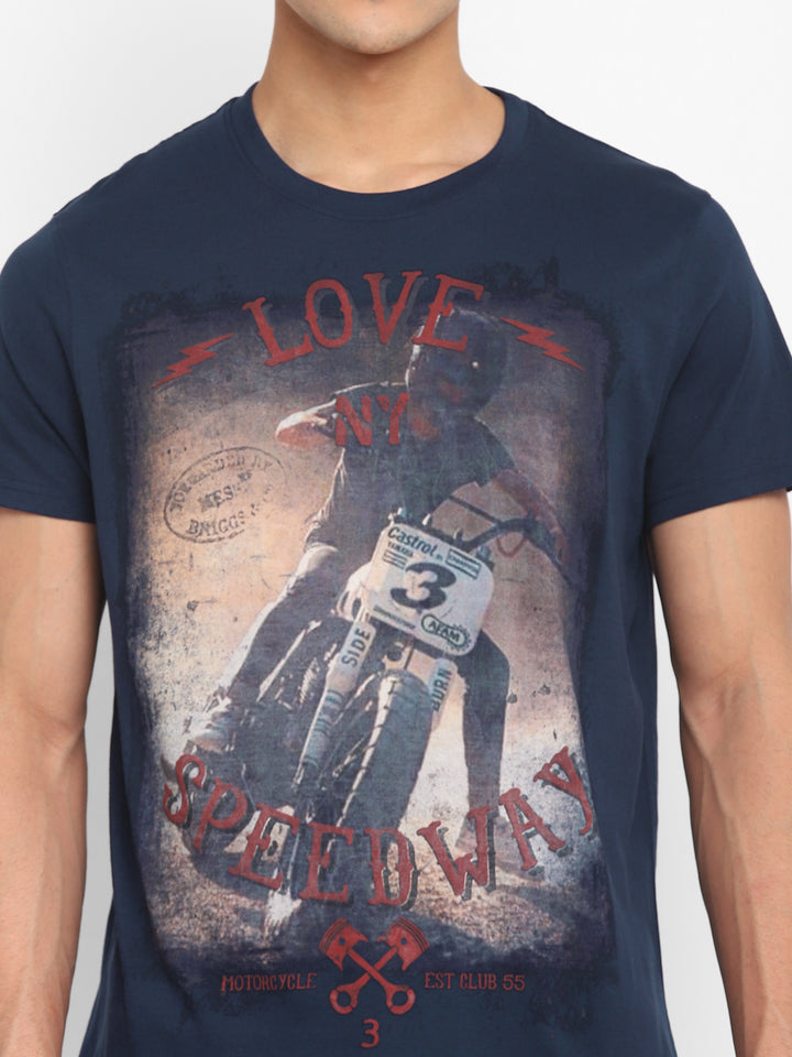 100% Cotton Printed Round Neck T-Shirt for Men - Navy