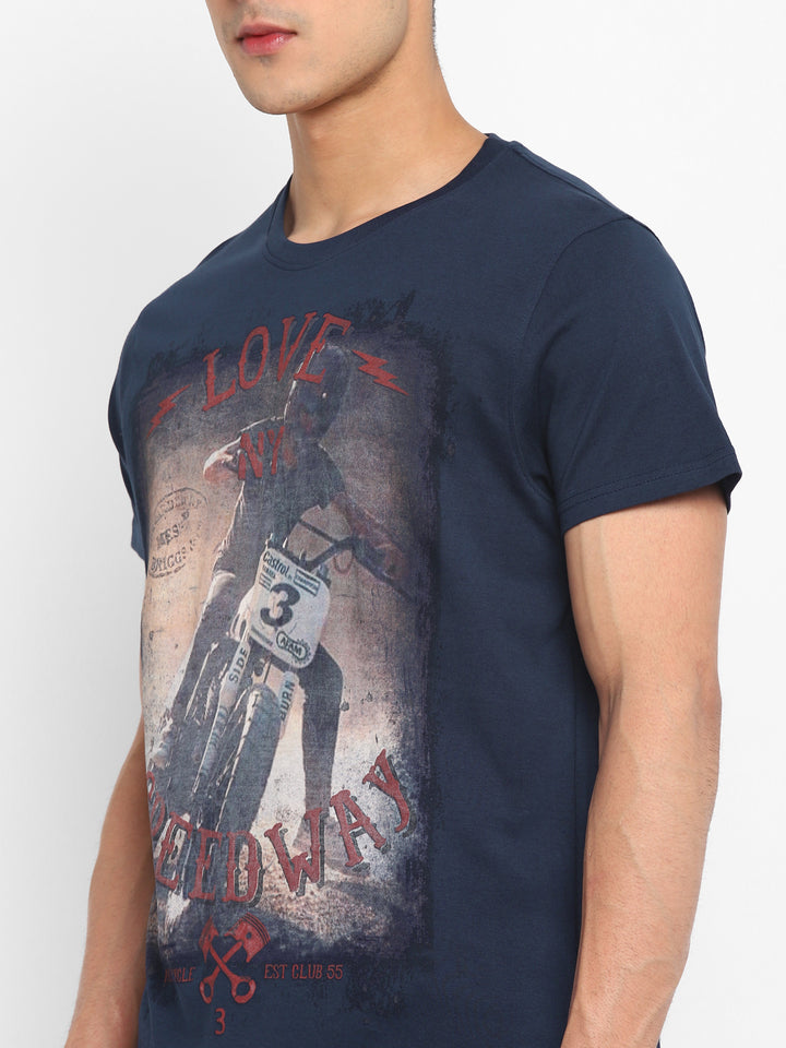 100% Cotton Printed Round Neck T-Shirt for Men - Navy