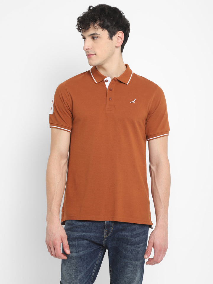 Men's Half Sleeve Solid T-Shirt with No.3 Applique - Caramel