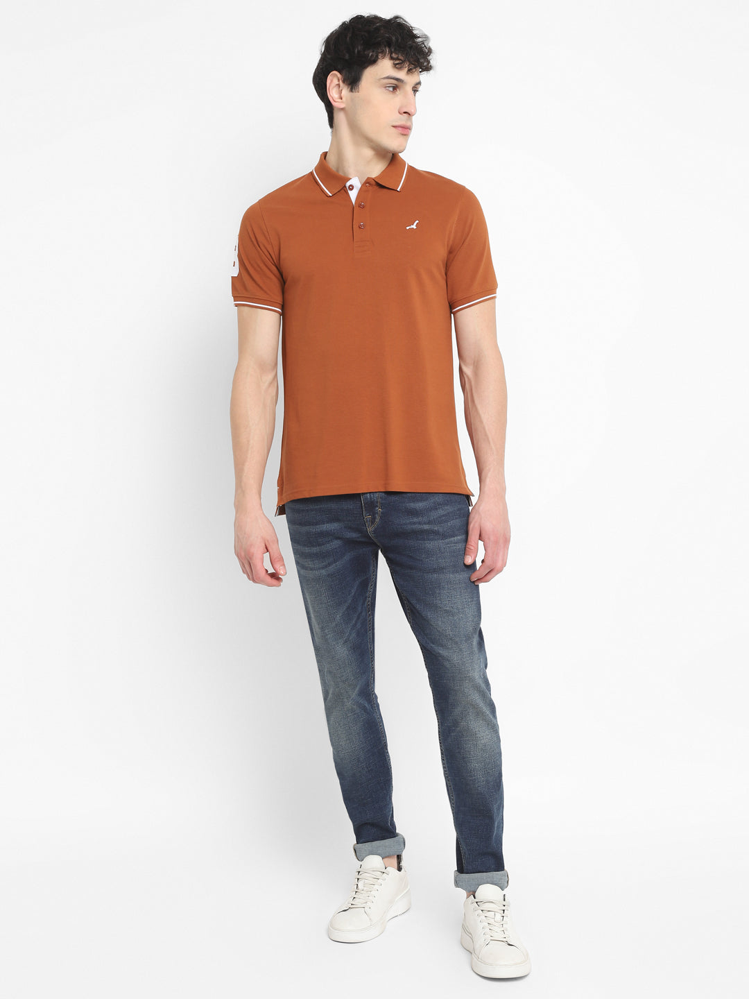 Men's Half Sleeve Solid T-Shirt with No.3 Applique - Caramel