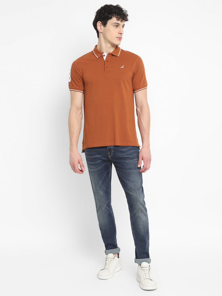 Men's Half Sleeve Solid T-Shirt with No.3 Applique - Caramel