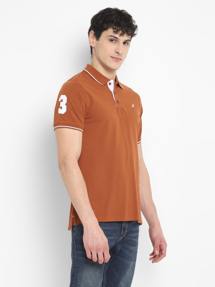 Men's Half Sleeve Solid T-Shirt with No.3 Applique - Caramel