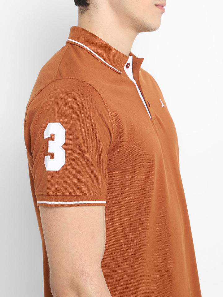 Men's Half Sleeve Solid T-Shirt with No.3 Applique - Caramel