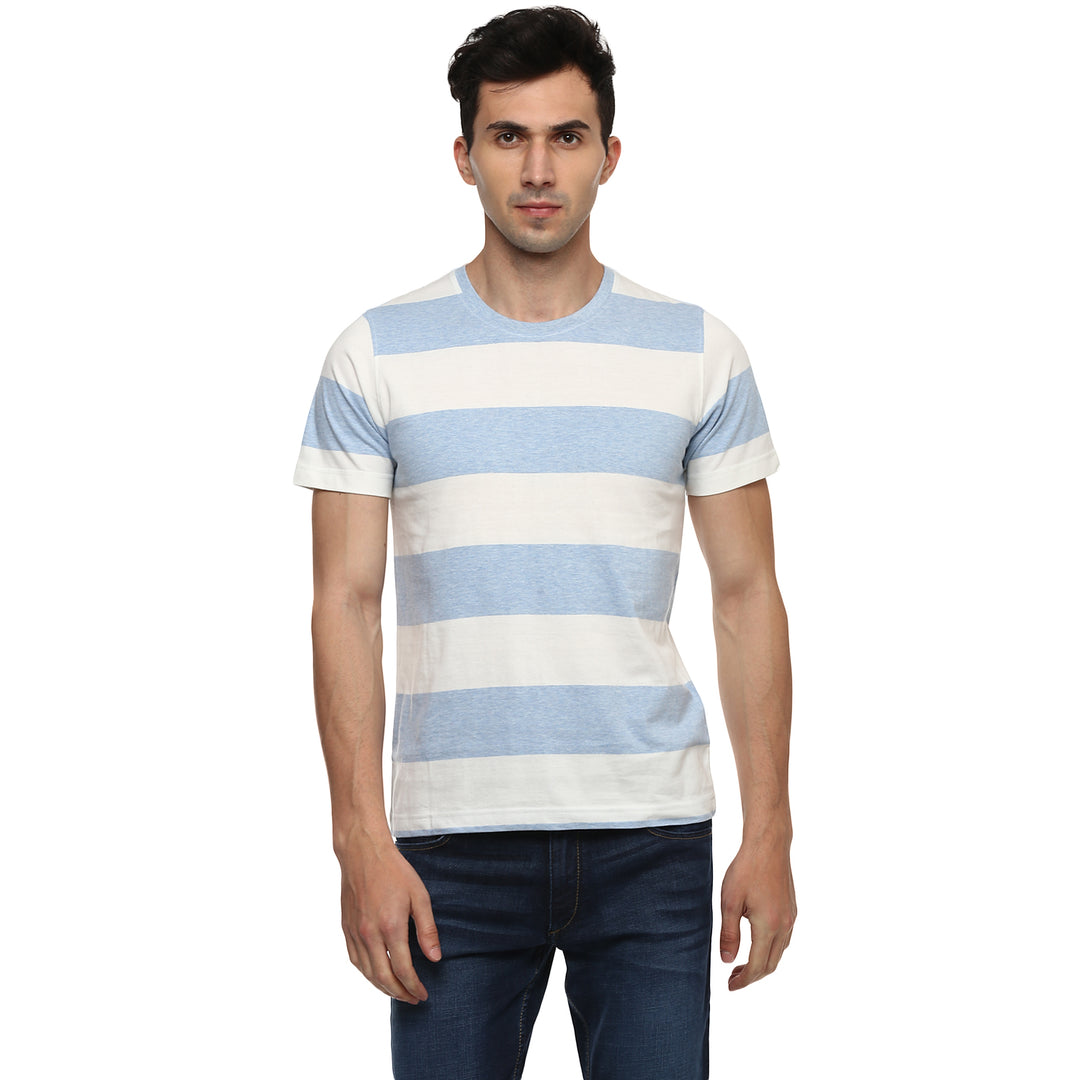 100% Cotton Round Neck Striped T-Shirt For Men- White & Sky Blue (No Exchange No Return)