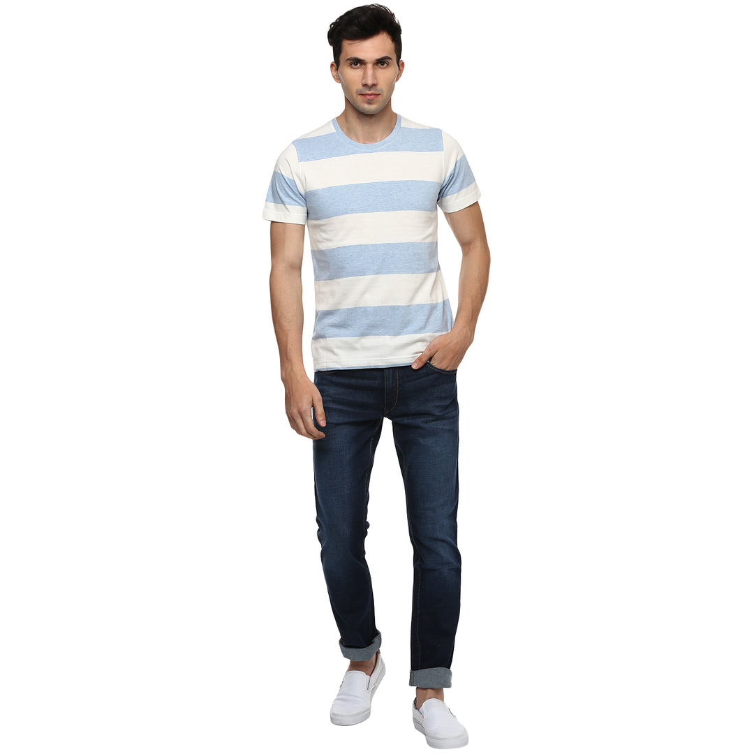 100% Cotton Round Neck Striped T-Shirt For Men- White & Sky Blue (No Exchange No Return)