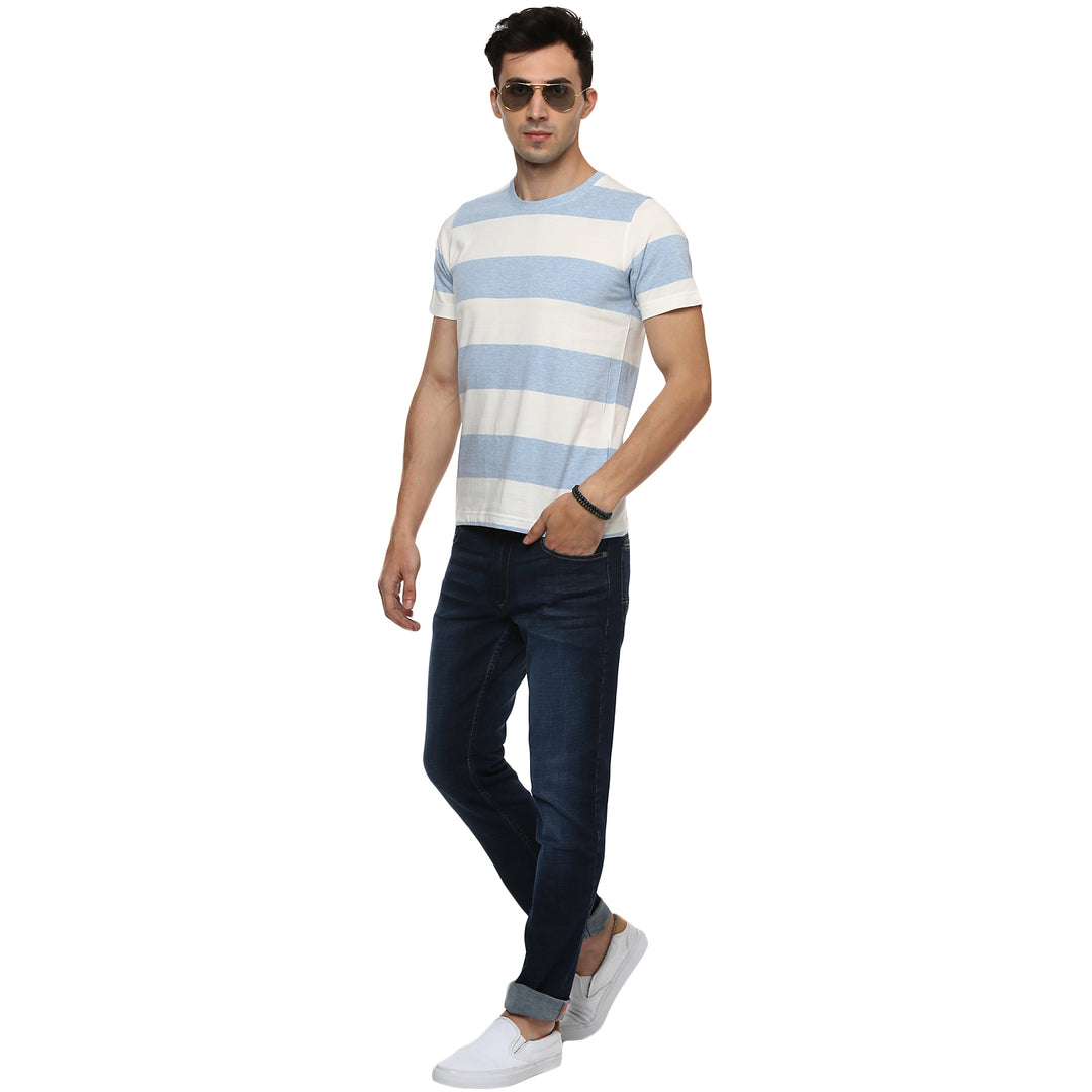 100% Cotton Round Neck Striped T-Shirt For Men- White & Sky Blue (No Exchange No Return)