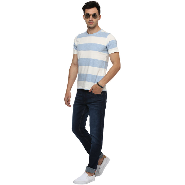 100% Cotton Round Neck Striped T-Shirt For Men- White & Sky Blue (No Exchange No Return)