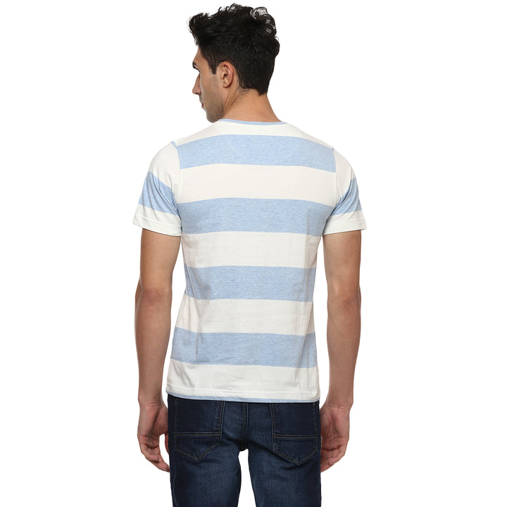 100% Cotton Round Neck Striped T-Shirt For Men- White & Sky Blue (No Exchange No Return)