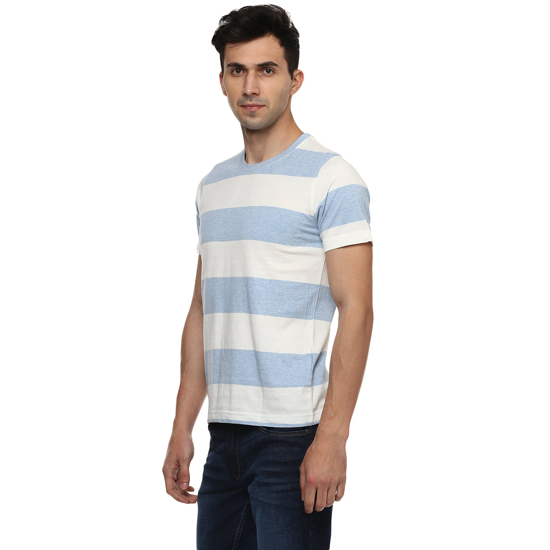 100% Cotton Round Neck Striped T-Shirt For Men- White & Sky Blue (No Exchange No Return)