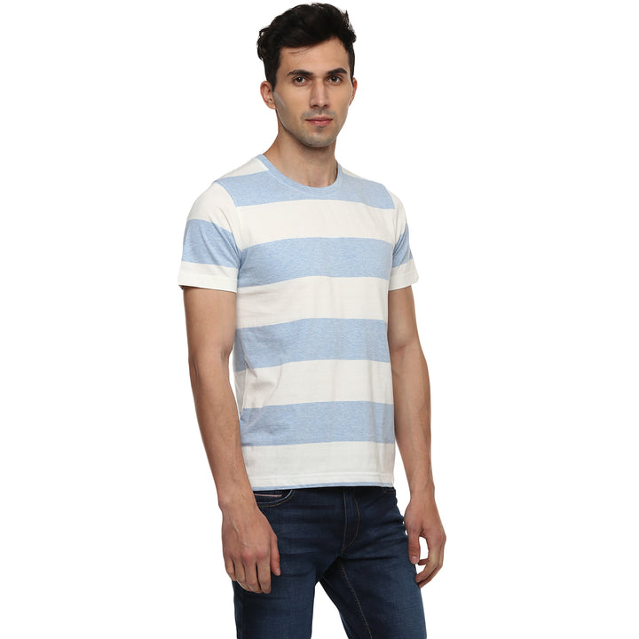 100% Cotton Round Neck Striped T-Shirt For Men- White & Sky Blue (No Exchange No Return)