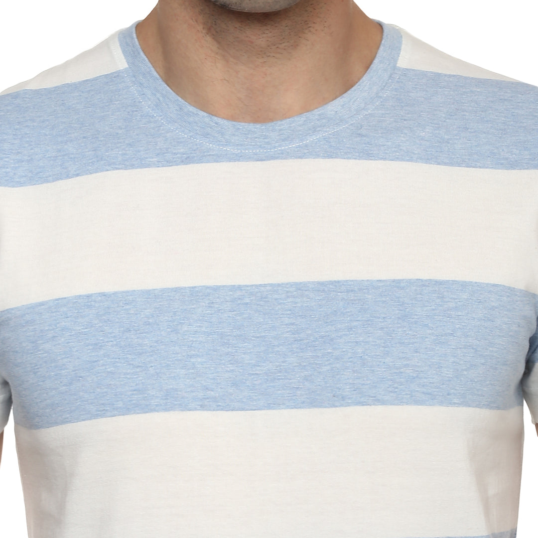 100% Cotton Round Neck Striped T-Shirt For Men- White & Sky Blue (No Exchange No Return)