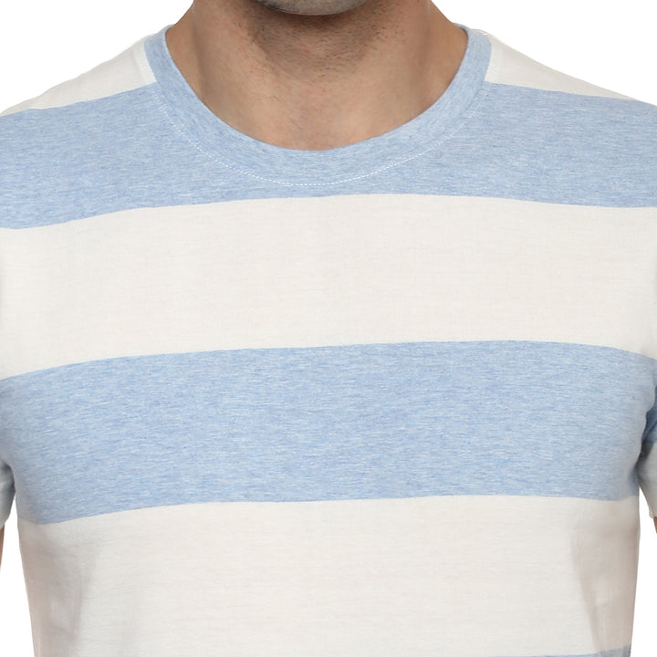 100% Cotton Round Neck Striped T-Shirt For Men- White & Sky Blue (No Exchange No Return)
