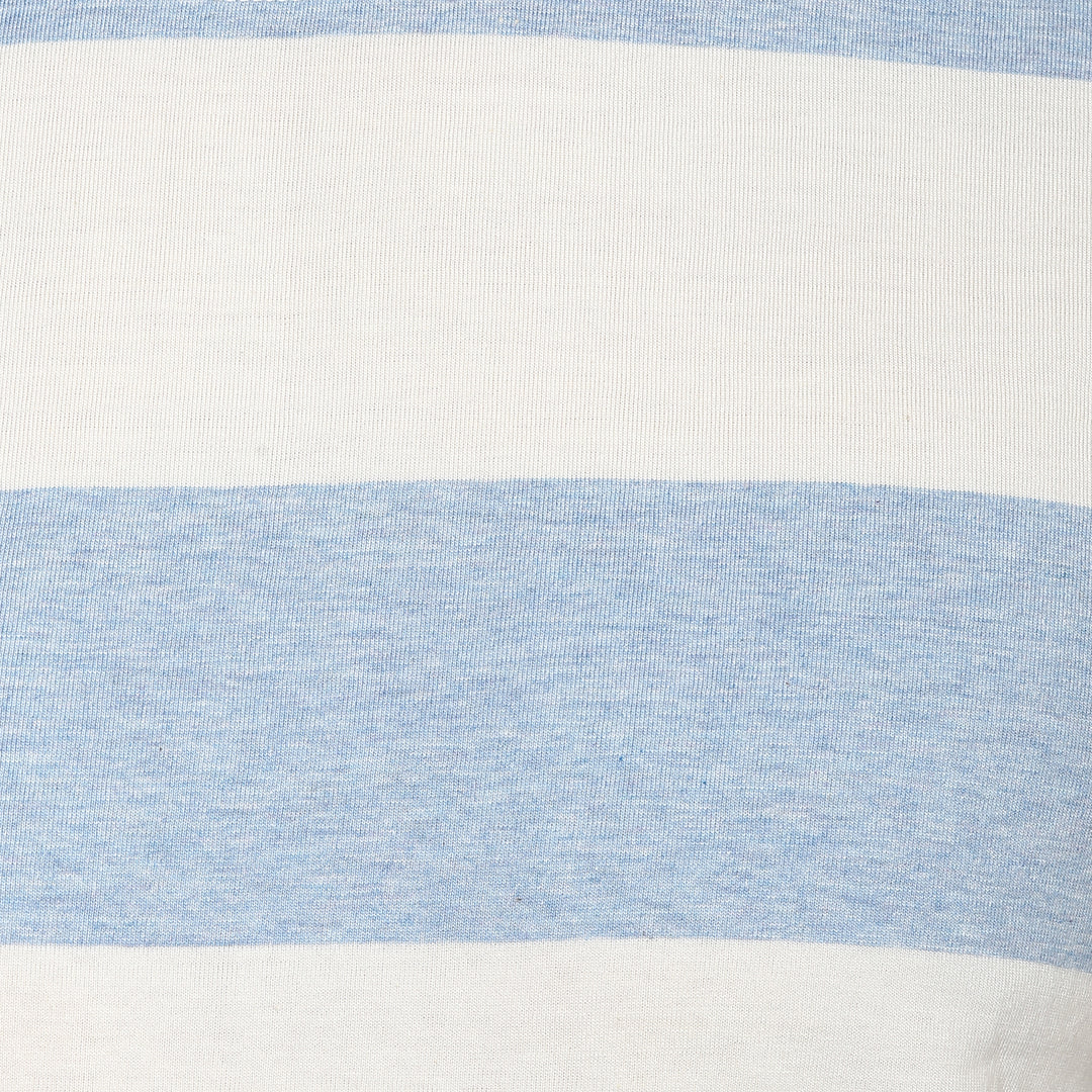 100% Cotton Round Neck Striped T-Shirt For Men- White & Sky Blue (No Exchange No Return)