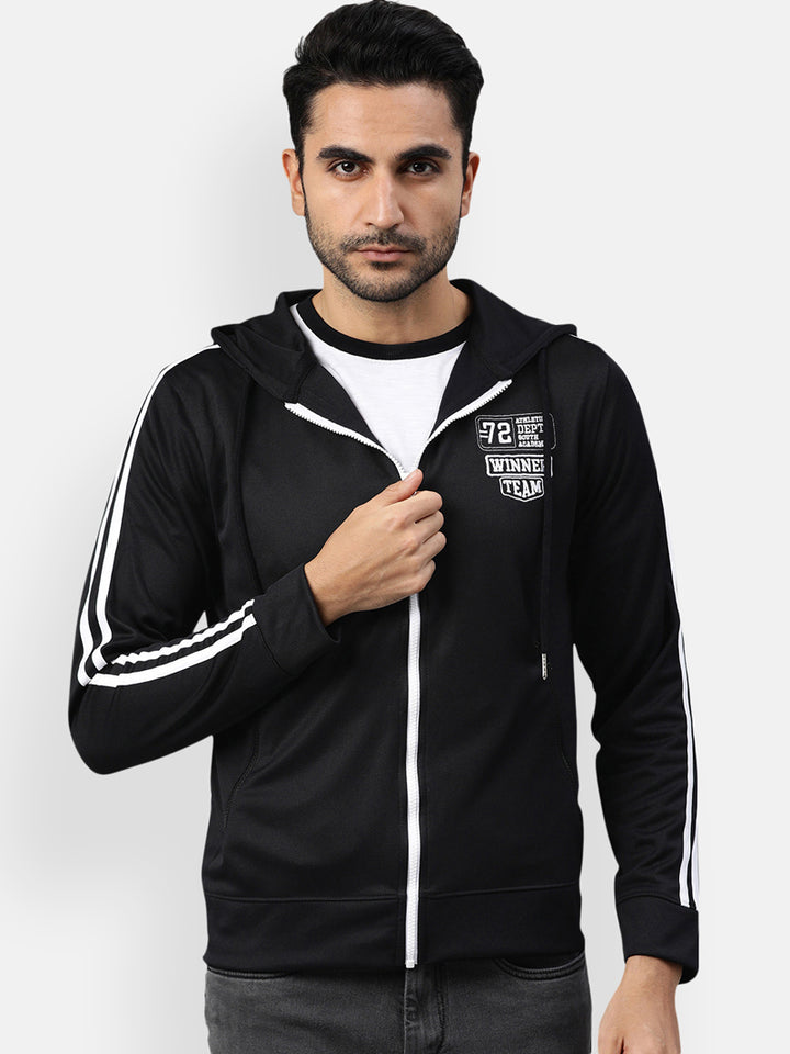 Men's Full Sleeves Sports Jacket - Black with Contrast White Zipper (No Exchange No Return)