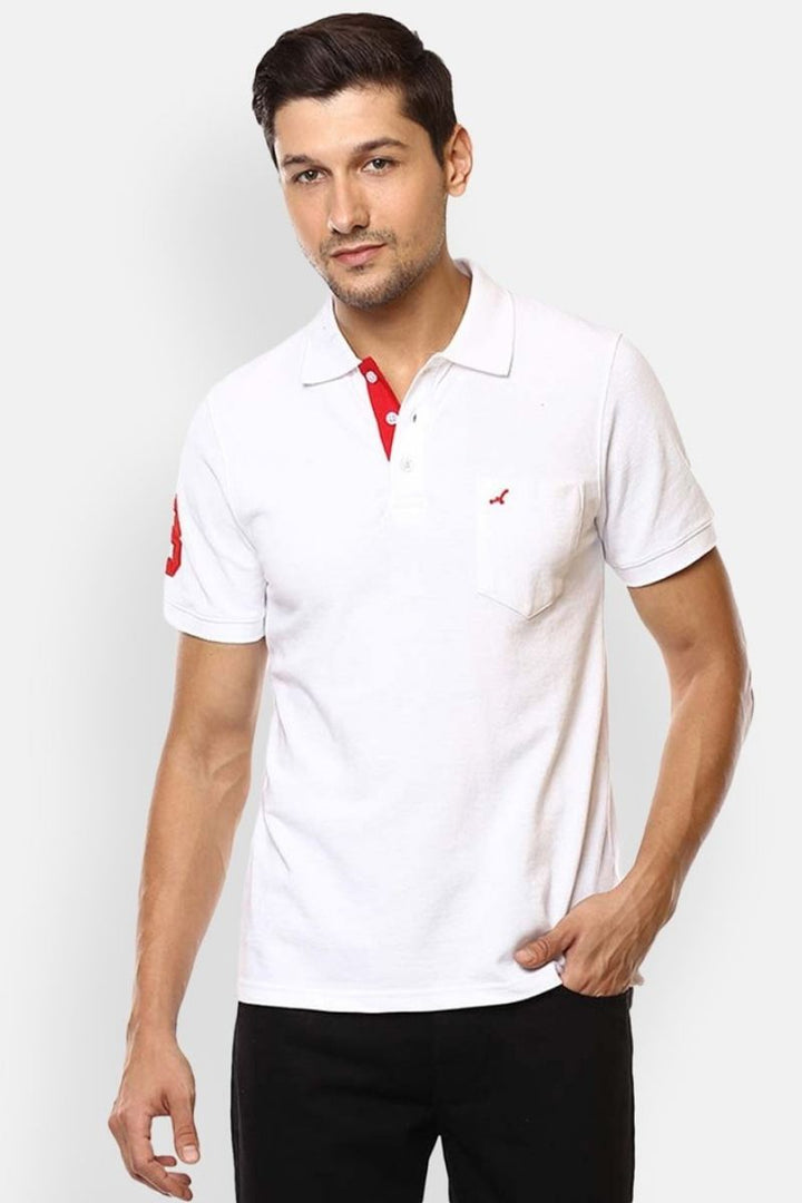Men's Polo Collar Half Sleeves T-Shirt With Pocket- White