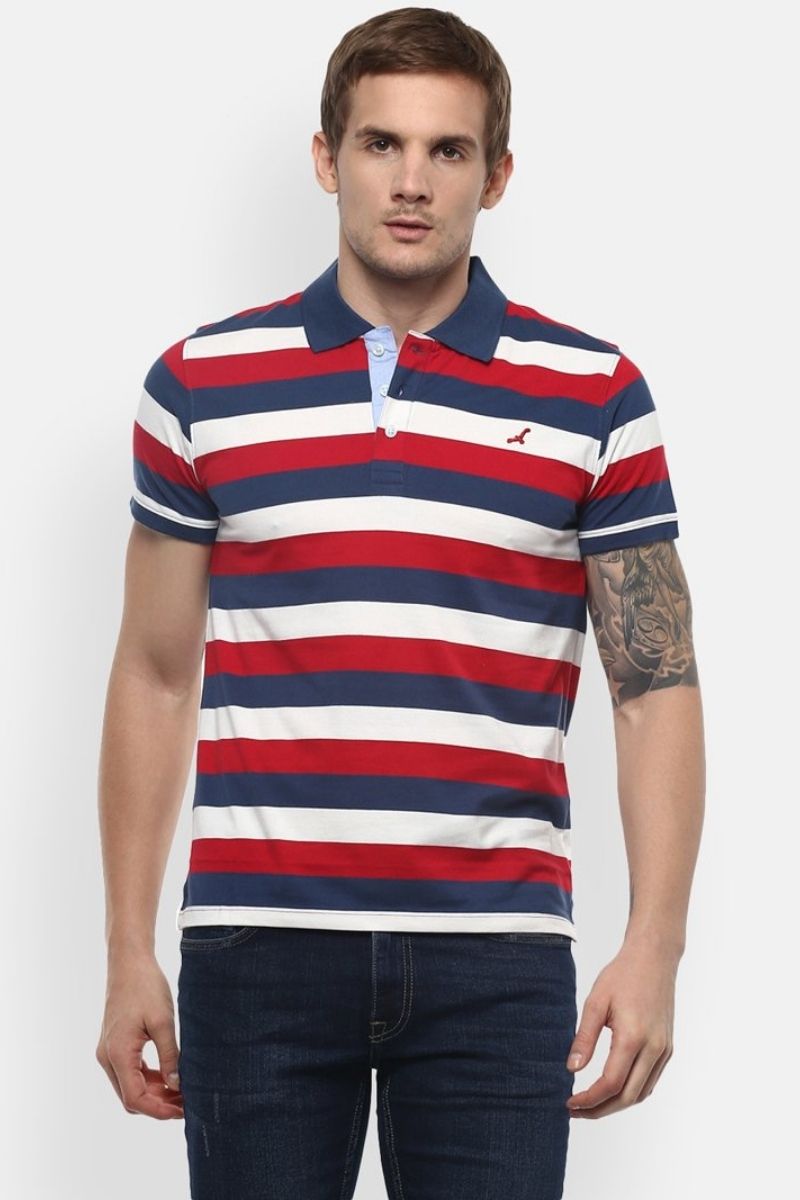 Men's Polo Collar Yarn Dyed Striped T-Shirt - Navy, Burgundy & White